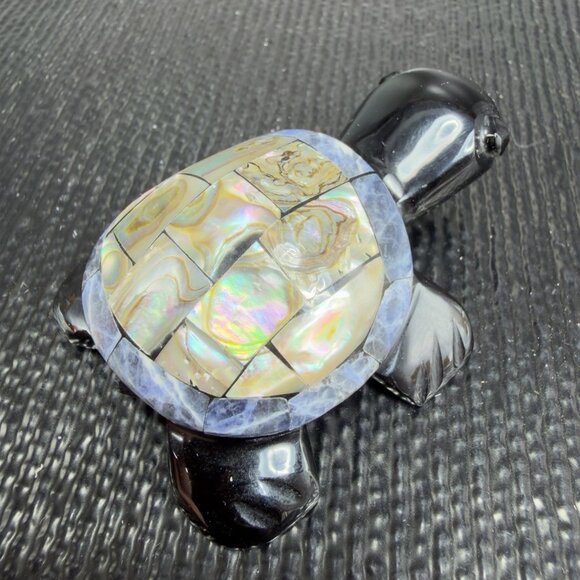 Hand Carved Small Black Turtle Abalone Mother Of Pearl Amphibian Figurine VTG - Picture 9 of 11